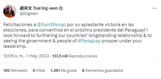Tsai Ing-wen felicitó a Peña por su triunfo