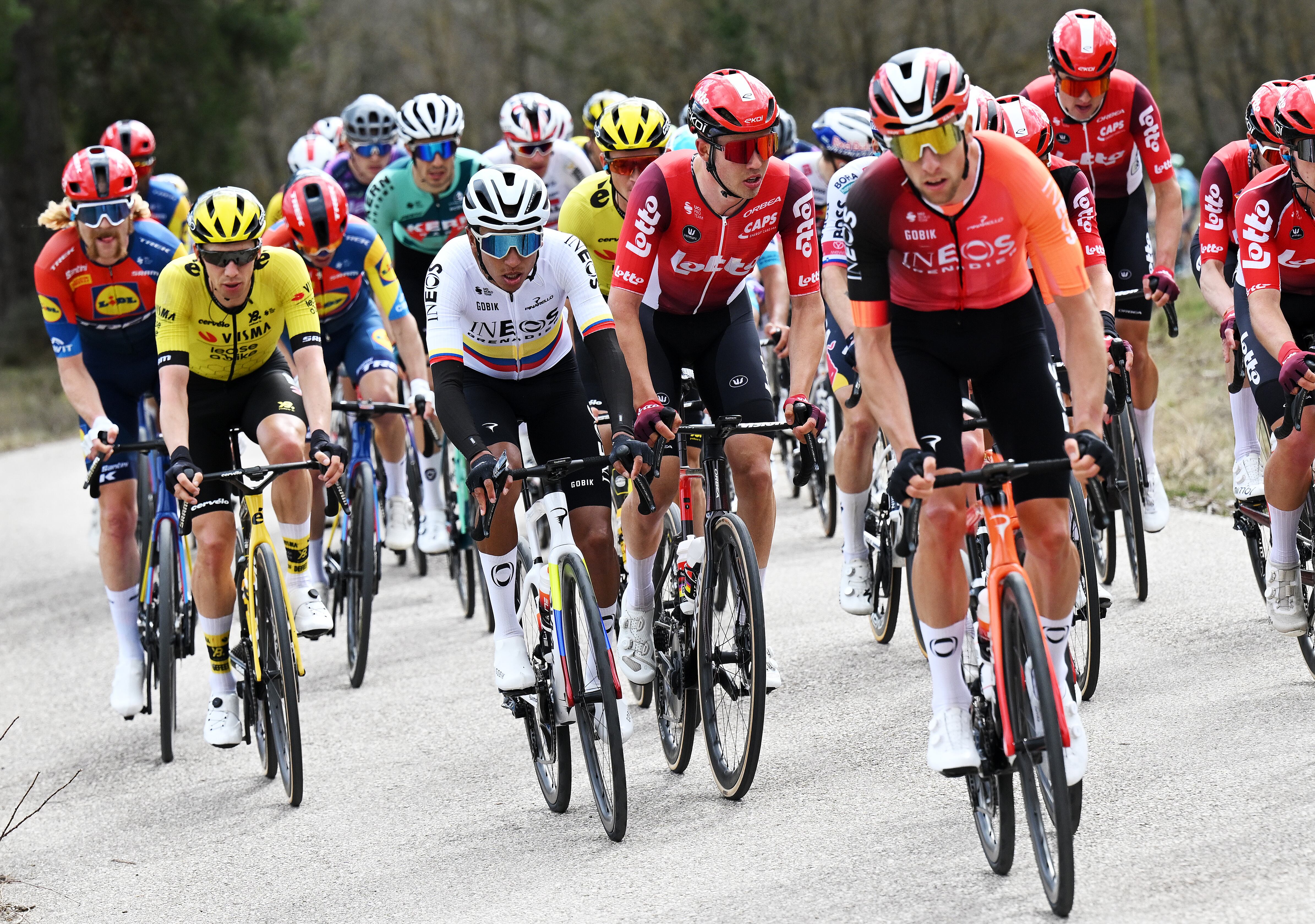LA MOLINA, SPAIN - MARCH 26: (L-R) Egan Bernal of Colombia and Team INEOS Grenadiers and Jonas Gregaard of Denmark and Team Lotto Dstny compete during the 104th Volta Ciclista a Catalunya 2025, Stage 3 a 218.6km stage from Viladecans The Style Outlets to La Molina 1692m / #UCIWT / on March 26, 2025 in La Molina, Spain. (Photo by Szymon Gruchalski/Getty Images)