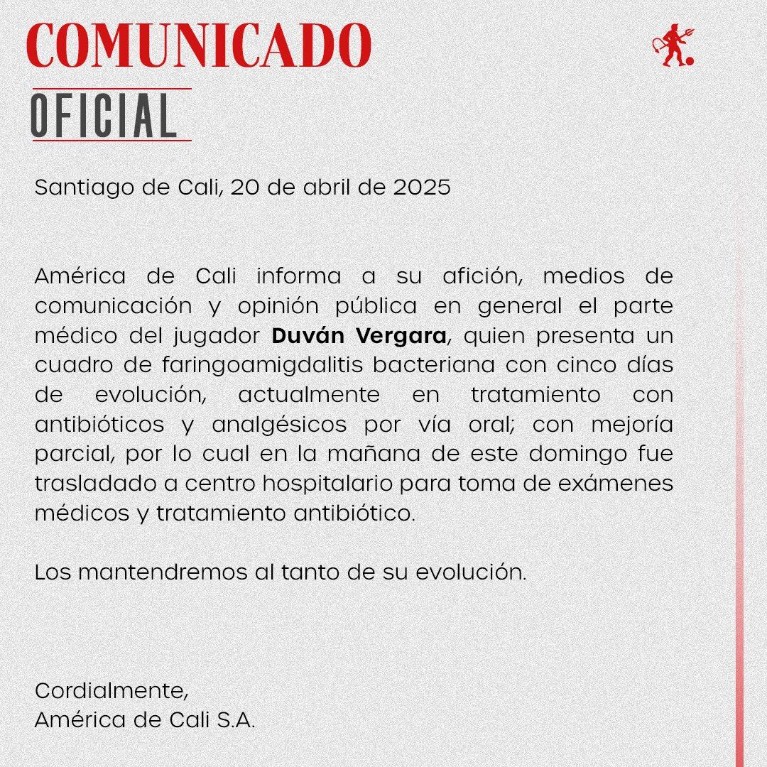 Comunicado oficial de América de Cali sobre Duván Vergara.