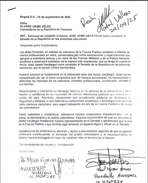 Carta de las reservas de las FF.MM. a Álvaro Uribe para apoyar candidatura de José Jaime Uscátegui a la Cámara de Representantes.