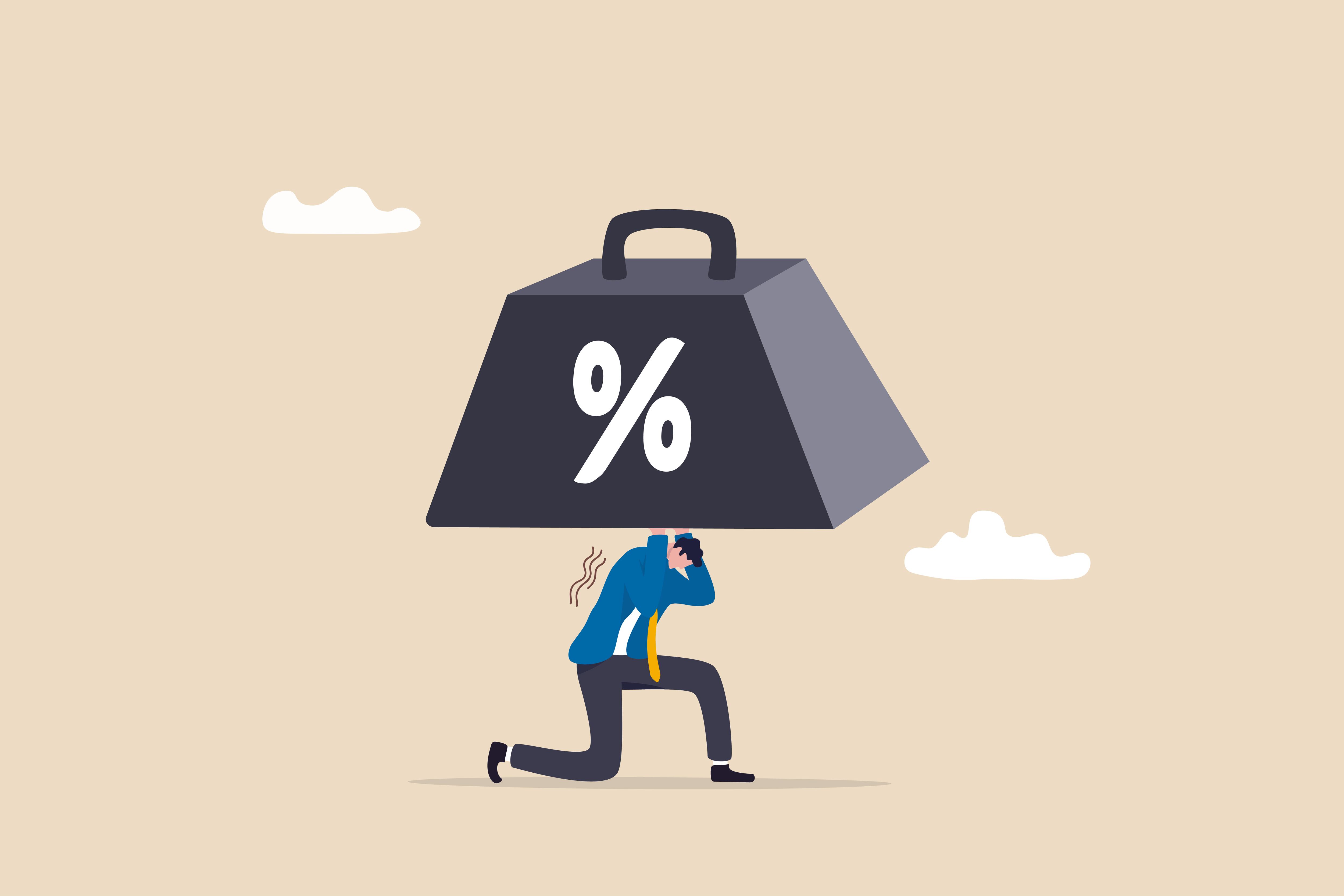 Debt burden risk from high interest rate, FED or federal reserved rate hike cause heavy loan or mortgage payment, economic recession concept, businessman carry heavy percentage interest rate burden.