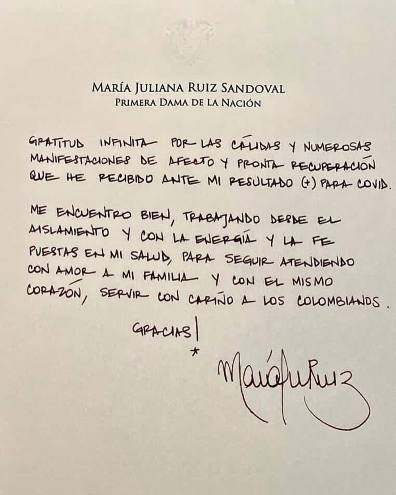 Carta de María Juliana Ruiz, esposa del presidente Iván Duque, sobre su estado de salud luego de dar positivo para coronavirus.