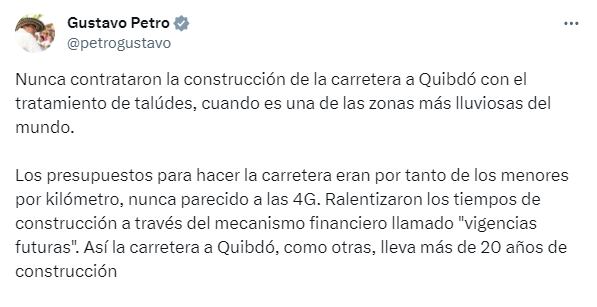 El presidente Gustavo Petro se pronunció sobre las obras de infraestructura en Colombia, luego de la tragedia en Chocó.