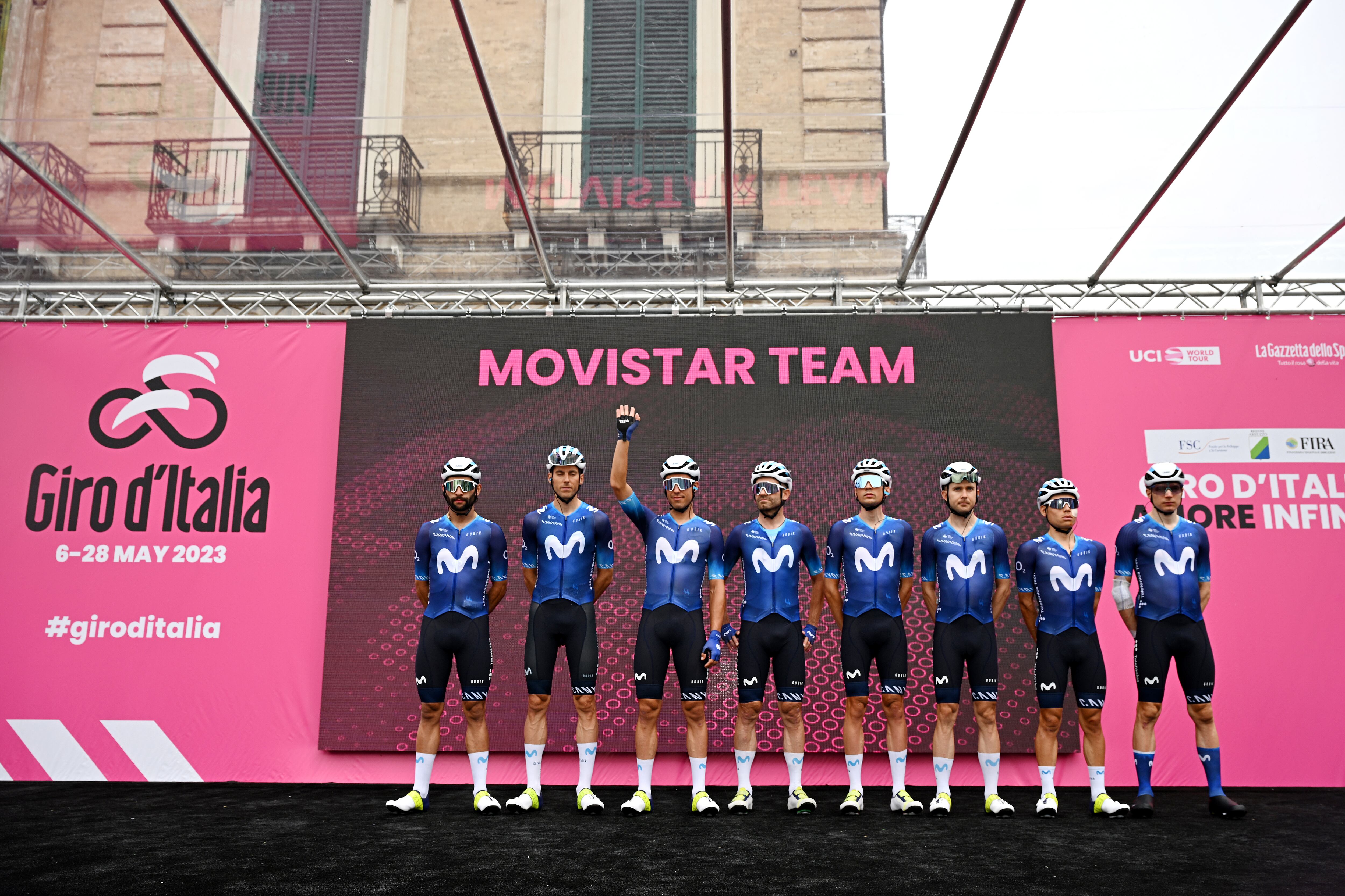 VASTO, ITALY - MAY 08: A general view of Fernando Gaviria of Colombia, Will Barta of The United States, Max Kanter of Germany, José Joaquín Rojas of Spain, Einer Augusto Rubio of Colombia, Óscar Rodríguez of Spain, Albert Torres of Spain, Carlos Verona of Spain and Movistar Team prior to the 106th Giro d'Italia 2023, Stage 3 a 213km stage from Vasto to Melfi 532m / #UCIWT / on May 08, 2023 in Vasto, Italy. (Photo by Stuart Franklin/Getty Images,)