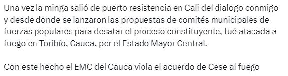El presidente Gustavo Petro trinó sobre el ataque a la minga indígena en Cauca.