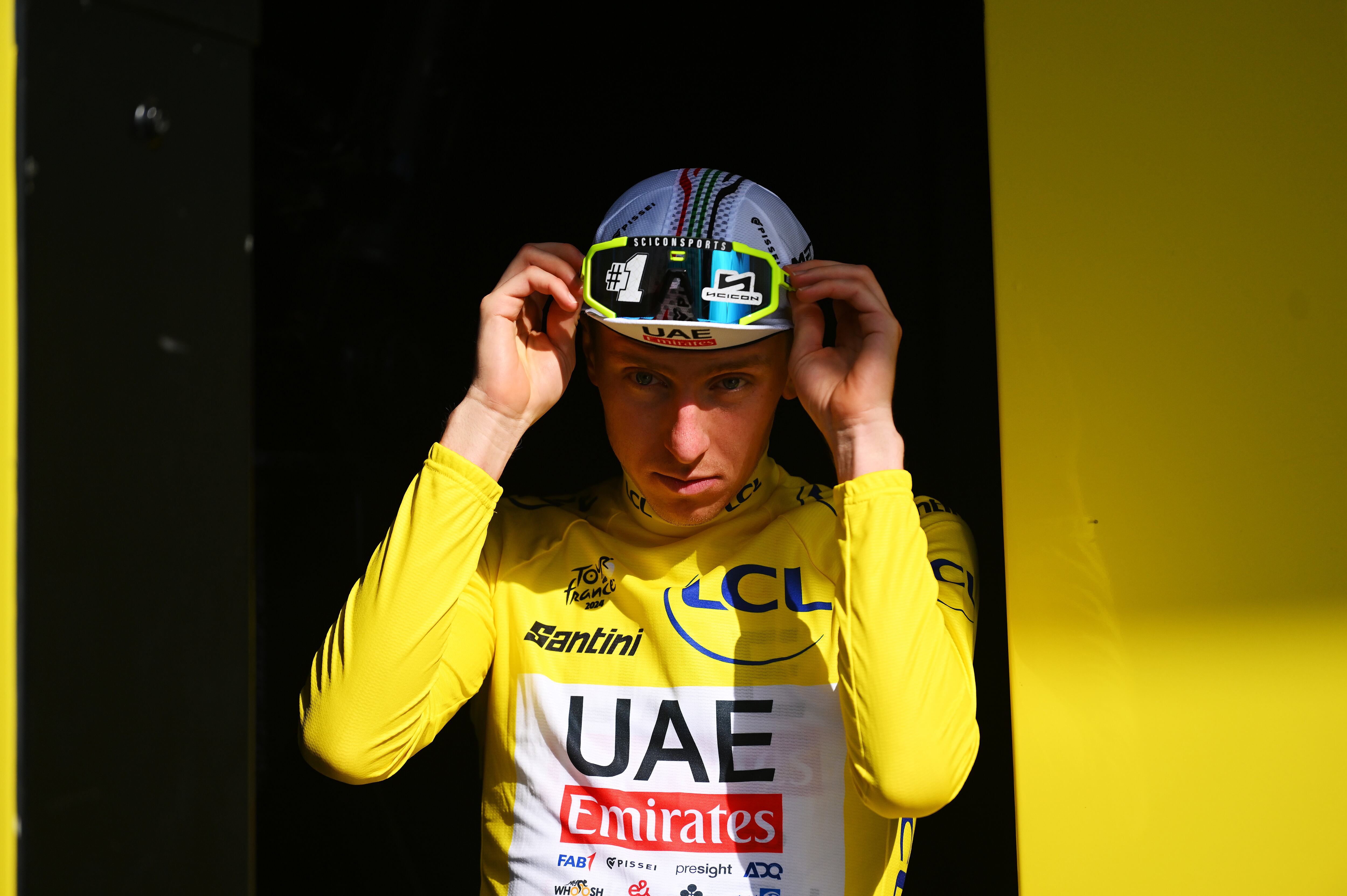 TROYES, FRANCE - JULY 07: Tadej Pogacar of Slovenia and UAE Team Emirates - Yellow Leader Jersey celebrates at podium during the 111th Tour de France 2024, Stage 9 a 199km stage from Troyes to Troyes / #UCIWT / on July 07, 2024 in Troyes, France. (Photo by Dario Belingheri/Getty Images)