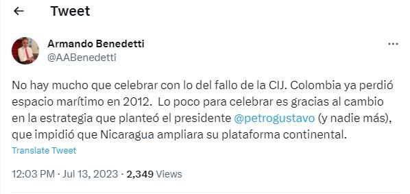 Benedetti habla sobre el fallo de la Corte Internacional