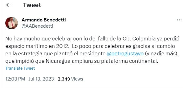 Benedetti habla sobre el fallo de la Corte Internacional