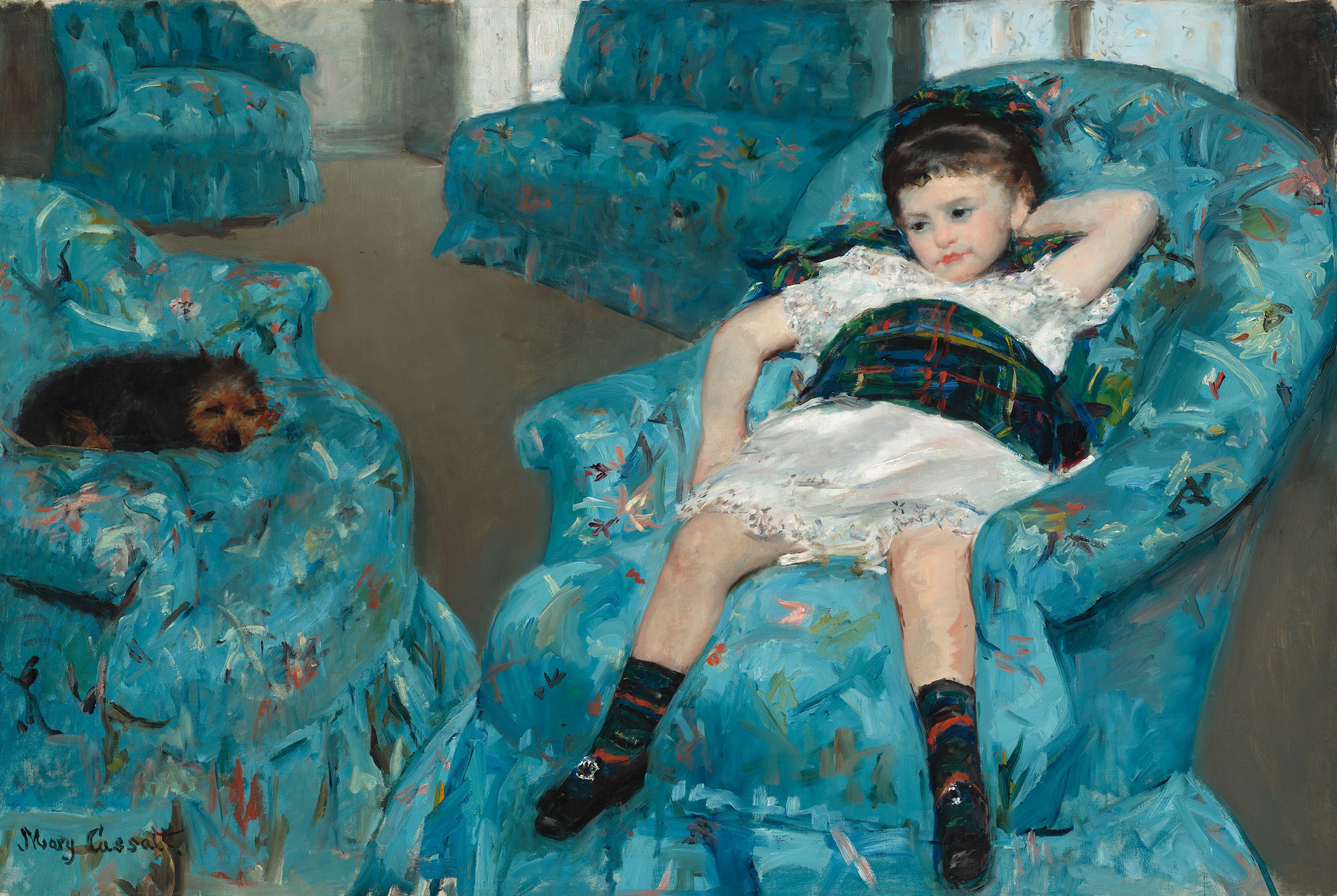 Little Girl in a Blue Armchair (1878), oil on canvas, Collection of Mr. and Mrs. Paul Mellon. Mary Cassatt (American painter, 1844 - 1926). National Gallery of Art, Washington