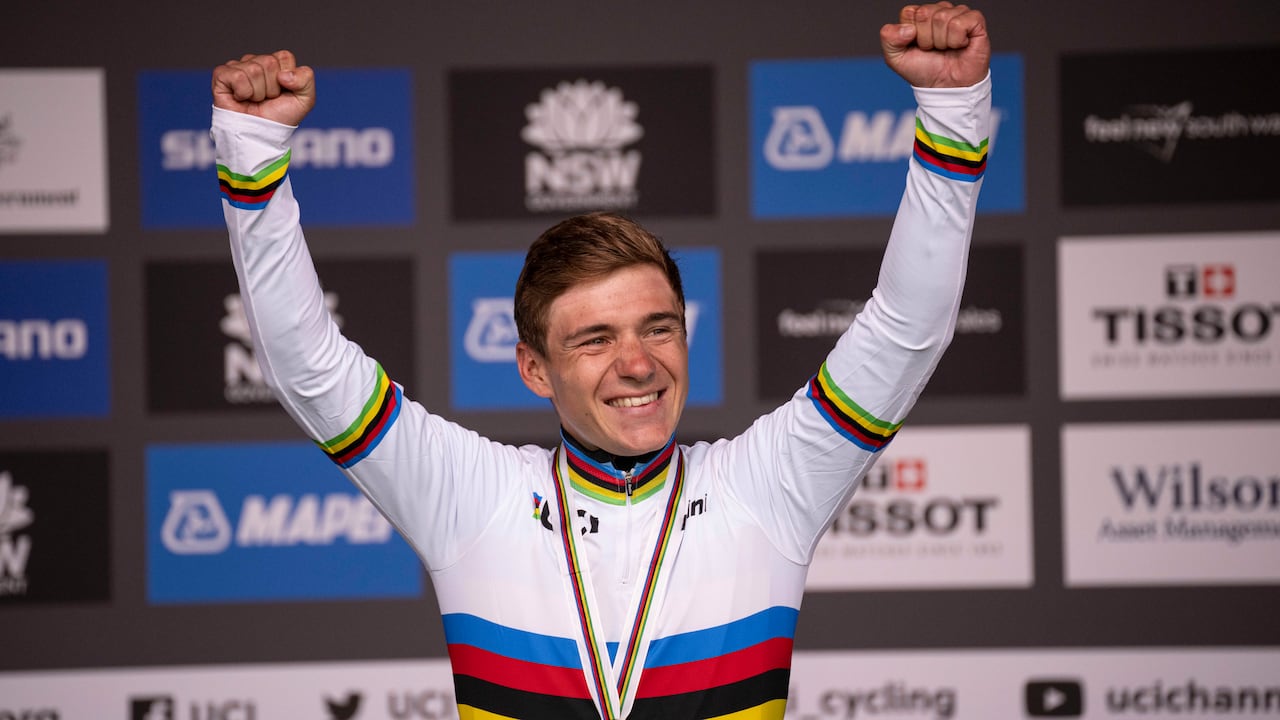 WOLLONGONG, AUSTRALIA - SEPTEMBER 25: Winner Remco Evenepoel of Belgium during the Medal Ceremony following the Men Road Race during the 95th UCI Road World Championships 2022 on September 25, 2022 in Wollongong, Australia. (Photo by Action Plus/BSR Agency/Getty Images)