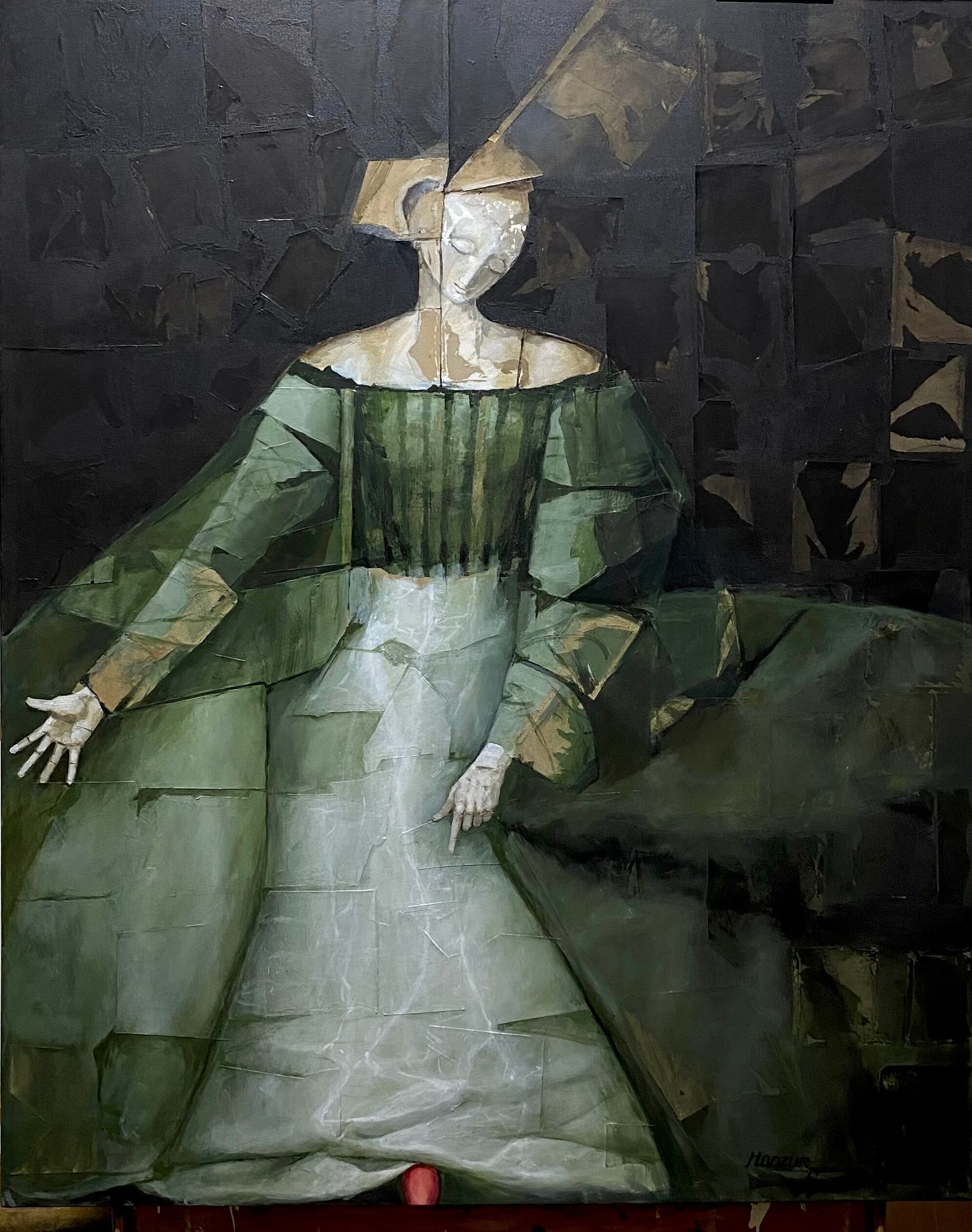 'La Dama Vestida de Verde'. 160 X 130 cm.  Técnica: Collage, Acrílico y Collage sobre lienzo. 2024