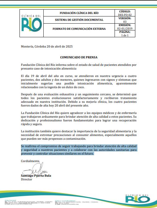Comunicado Clínica Fundación del Río