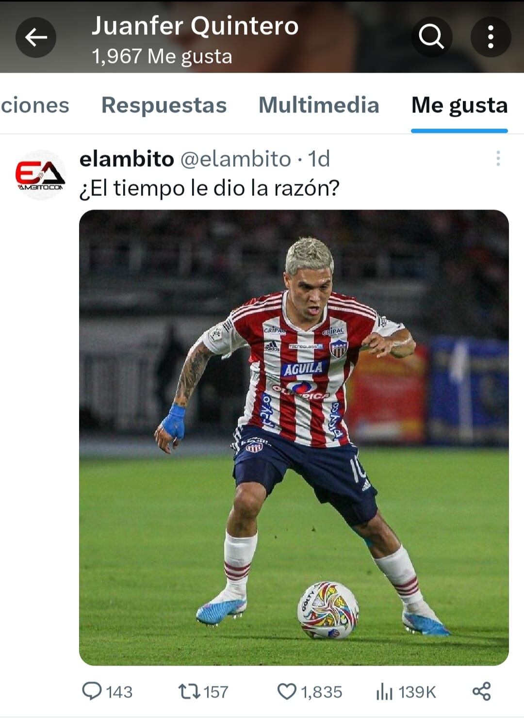 Juan Fernando Quintero le da like a comentario que hace referencia a la salida de 'Bolillo' del Junior