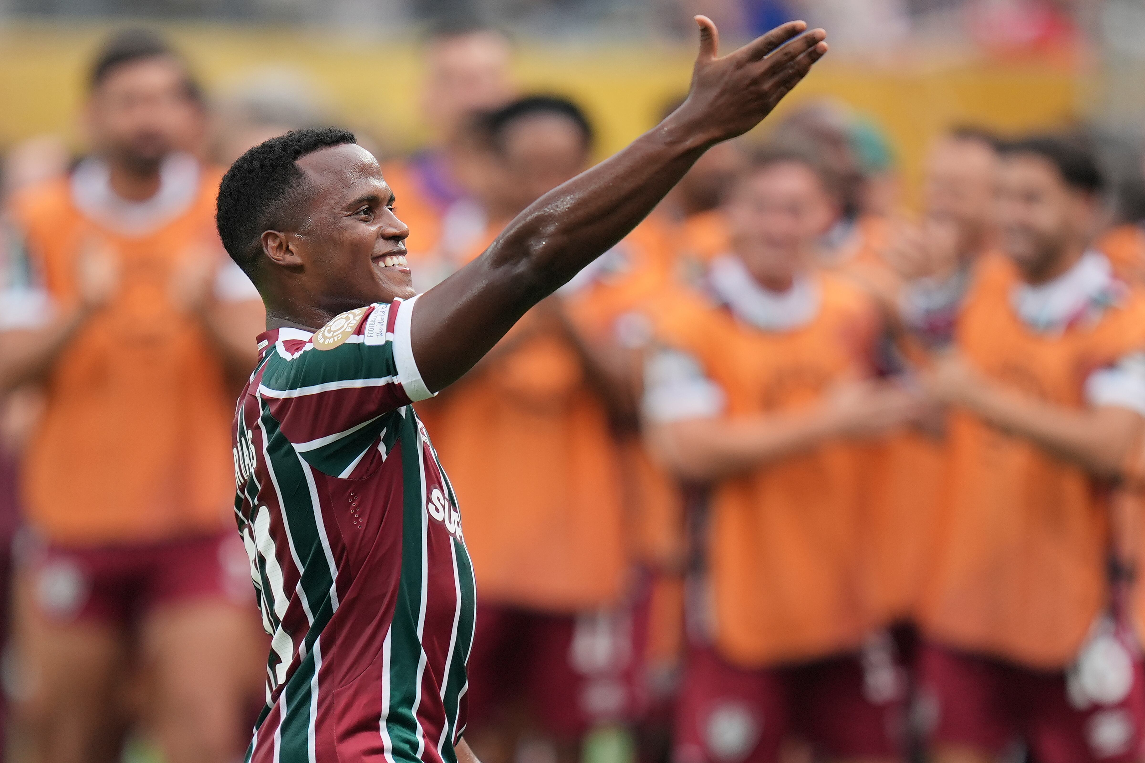 Fluminense's Jhon Arias (21) reacts after scoring a goal against Ulsan HD during the first half of a Club World Cup group F soccer match, Saturday, June 21, 2025, in East Rutherford, N.J. (AP Photo/Seth Wenig)