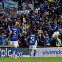 BOGOTA - COLOMBIA, 03-10-2021: Ricardo Marquez de Millonarios F. C. corre a celebrar el gol anotado de su equipo a Aguilas Doradas Rionegro durante partido entre Millonarios F. C. y Aguilas Doradas Rionegro de la fecha 12 por la Liga BetPlay DIMAYOR II 2021 jugado en el estadio Nemesio Camacho El Campin de la ciudad de Bogota. / Ricardo Marquez of Millonarios F. C. runs to celebrate the scored goal from his team to Aguilas Doradas Rionegro during a match between Millonarios F. C. and Aguilas Doradas Rionegro of the 12th date for the BetPlay DIMAYOR II 2021 League played at the Nemesio Camacho El Campin Stadium in Bogota city. / Photo: VizzorImage / Luis Ramirez / Staff.