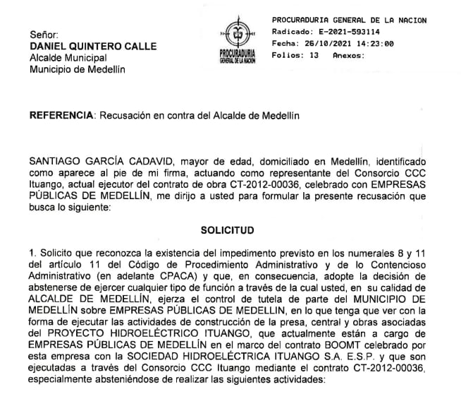 Recusación a Daniel Quintero, alcalde de Medellín