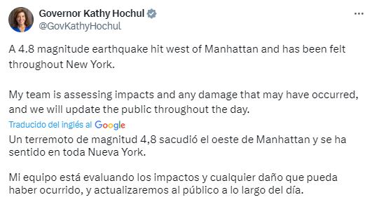 El mensaje de la Cuenta oficial de Twitter del 57º gobernador del estado de Nueva York.