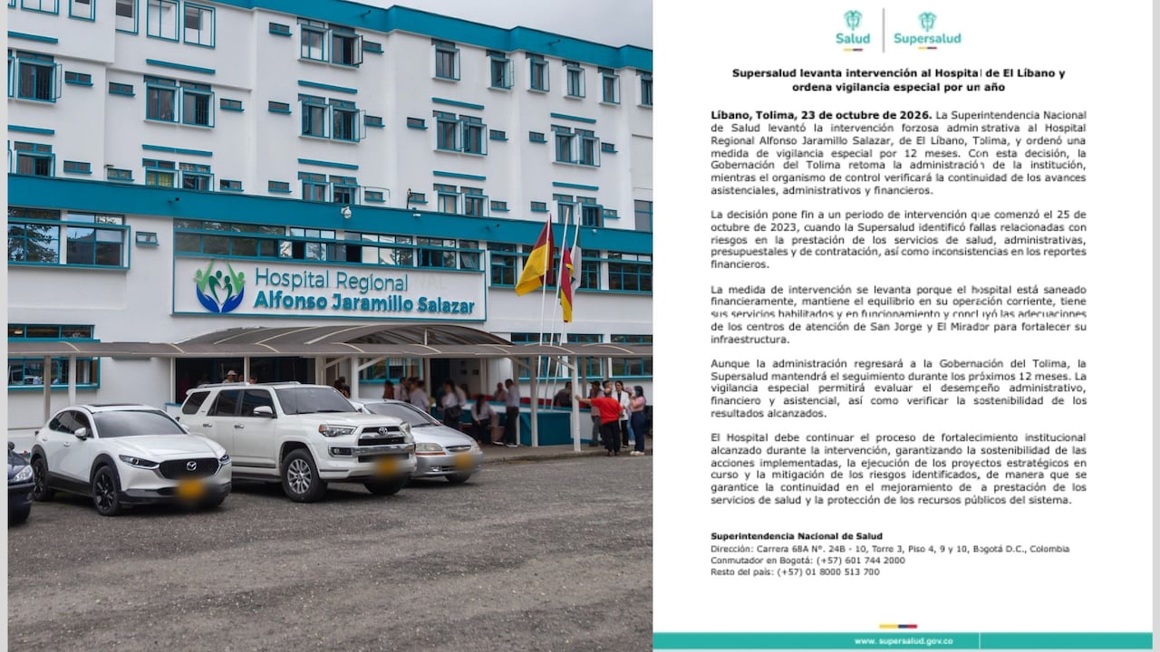 Fachada del Hospital de El Líbano y comunicado de Supersalud.