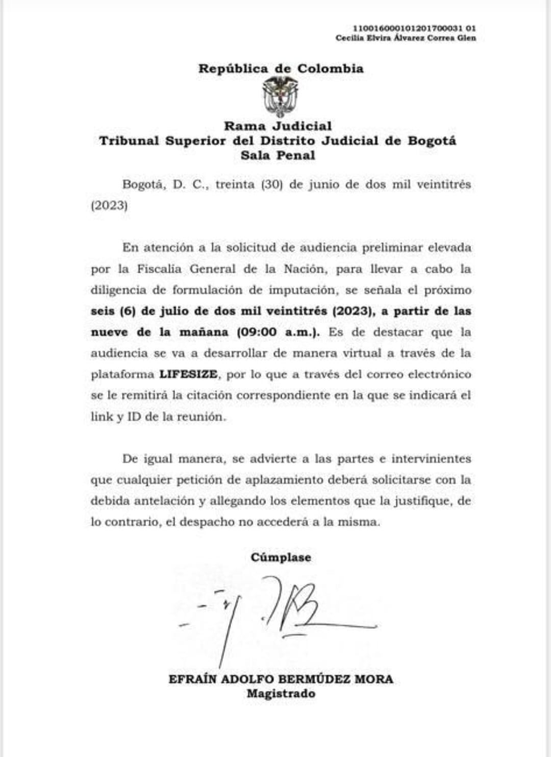 Esta es la citación a imputación de cargos de la exministra Cecilia Álvarez Correa.
