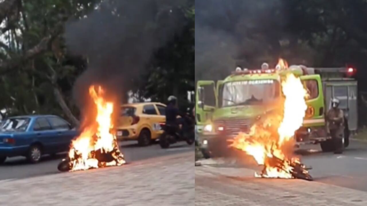 Incineran moto de presuntos ladrones en Medellín.