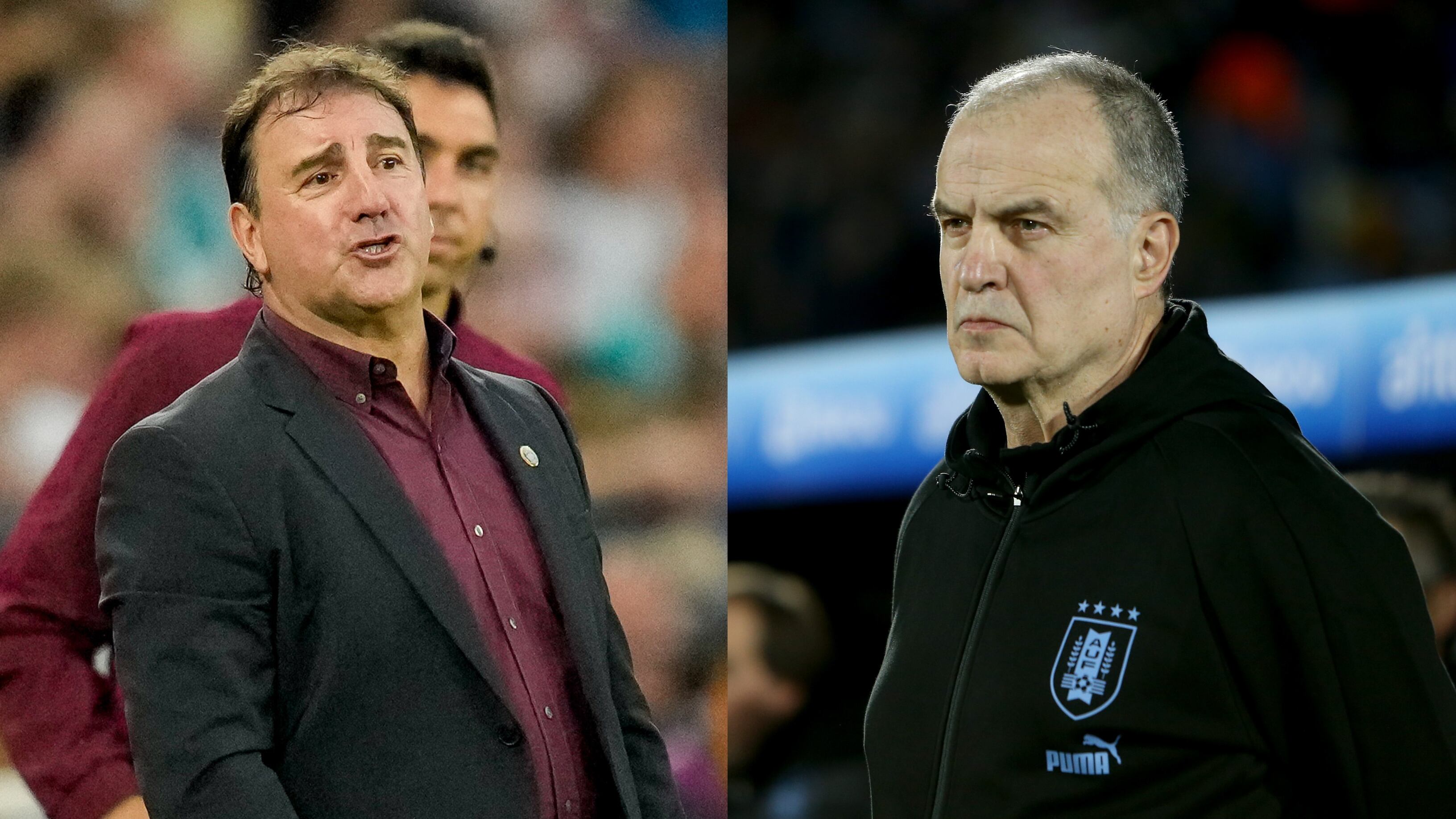 Néstor Lorenzo, seleccionador de Colombia, y Marcelo Bielsa, técnico de Uruguay.