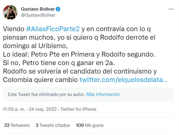 El trino de Gustavo Bolívar donde plantea el escenario "ideal" para las elecciones presidenciales. Quiere que Rodolfo Hernández quede por encima de Federico Gutiérrez, por supuesto, sin superar a Gustavo Petro.