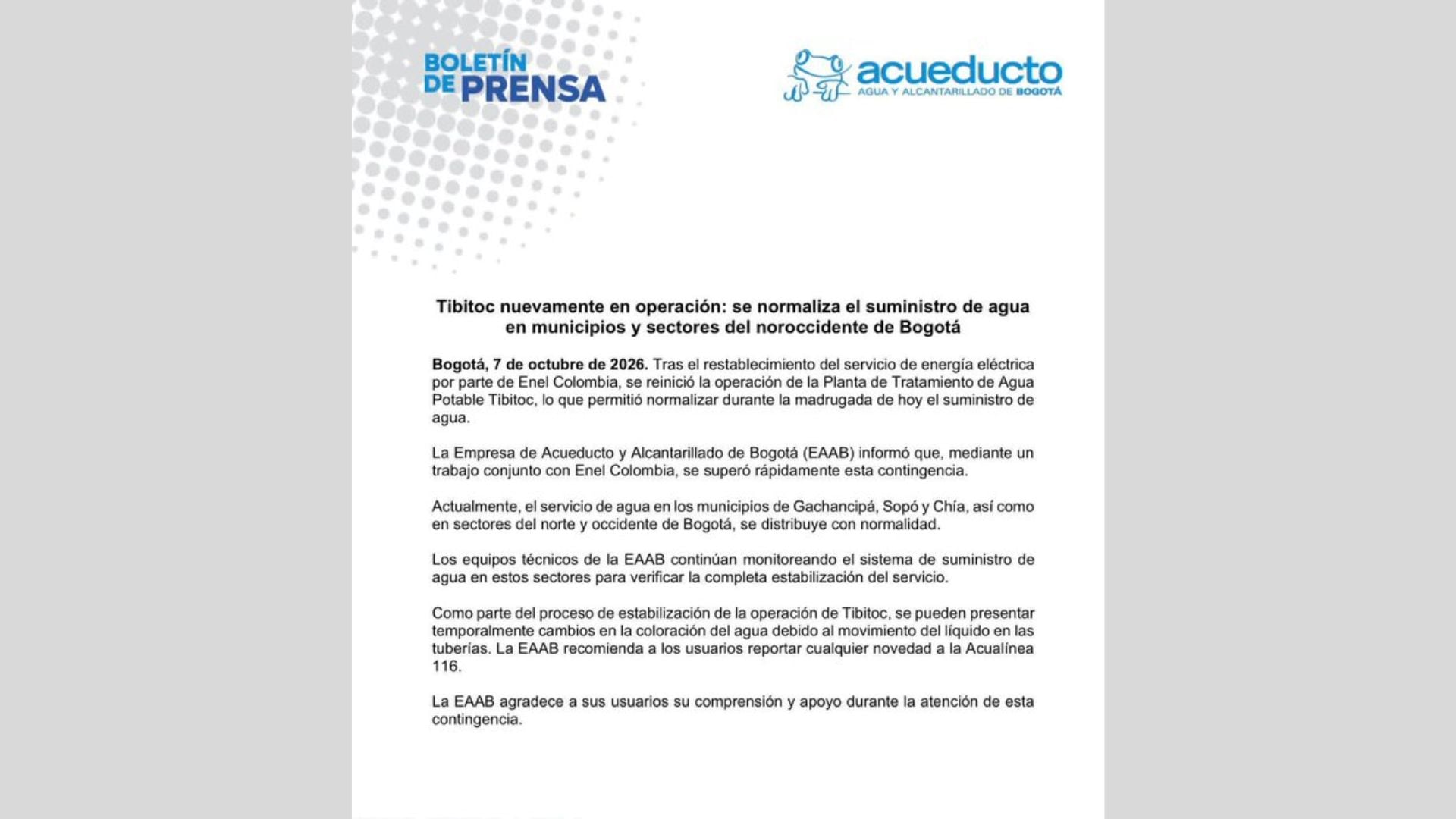 Comunicado de prensa enpresa de Acueducto de Bogotá