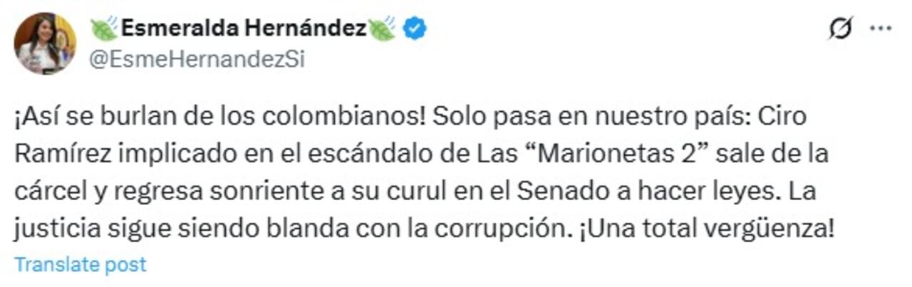 Senadora del Pacto Histórico, Esmeralda Hernández.