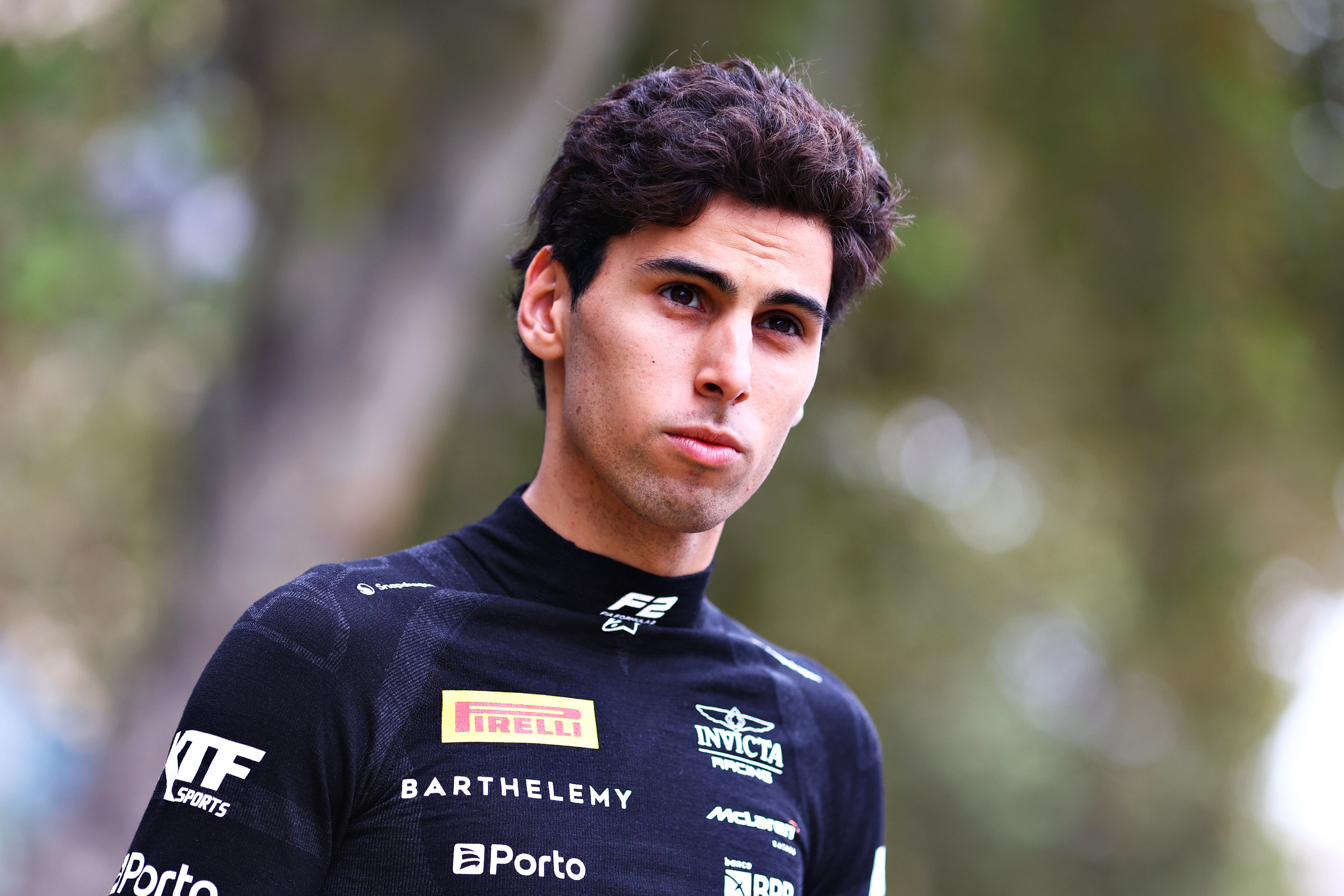 BAKU, AZERBAIJAN - SEPTEMBER 14: Gabriel Bortoleto of Brazil and Invicta Racing (10) looks on in the Paddock during the Round 12 Baku Sprint race of the Formula 2 Championship at Baku City Circuit on September 14, 2024 in Baku, Azerbaijan. (Photo by Joe Portlock - Formula 1/Formula Motorsport Limited via Getty Images)
