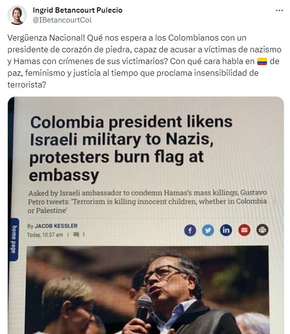 Trino de Ingrid Betancourt condenando la postura del presidente Gustavo Petro frente a Hamás.