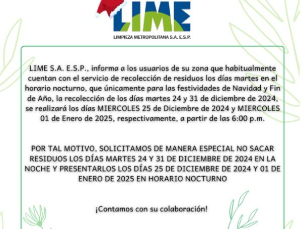 Comunicado de la empresa LIME S.A. E.S.P. sobre la recolección de Bogotá durante la fiesta de Navidad y fin de año