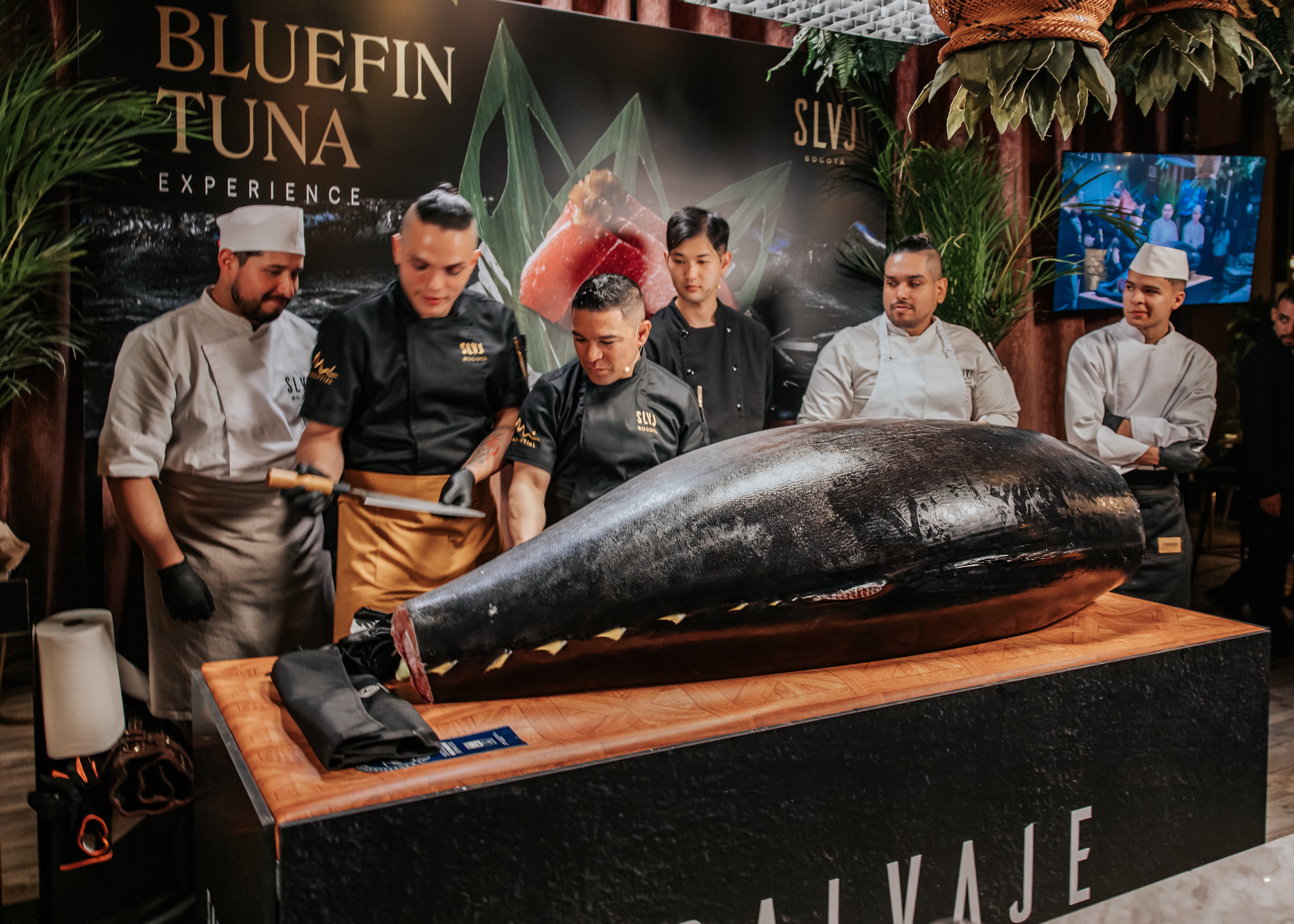 Fermín Azkue, chef ejecutivo y socio del Grupo Salvaje porcionando un atún de 392 kilos en medio de un roqueo en Bogotá.