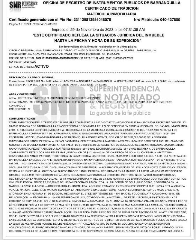 Certificado de tradición. Matrícula inmobiliaria de uno de los inmuebles