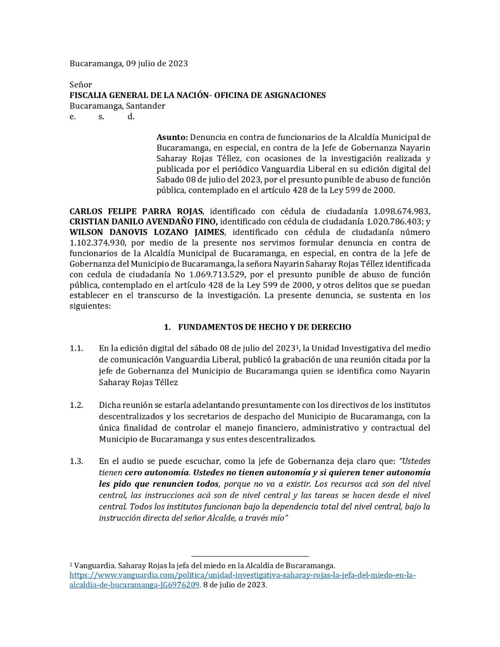 Denuncia penal ante la Fiscalía a la jefe de Gobernanza de Bucaramanga.
