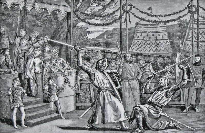Las primeras novelas históricas que se escribieron fueron las del escocés Walter Scott. Esta es una ilustración de una escena de ‘Ivanhoe’ (1819), su libro más conocido, que se publicó en ‘The Graphic’, un periódico del Reino Unido que cerró en 1932. La historia, ambientada en la Inglaterra medieval, narra las aventuras de Wilfredo de Ivanhoe, un valiente caballero. 
