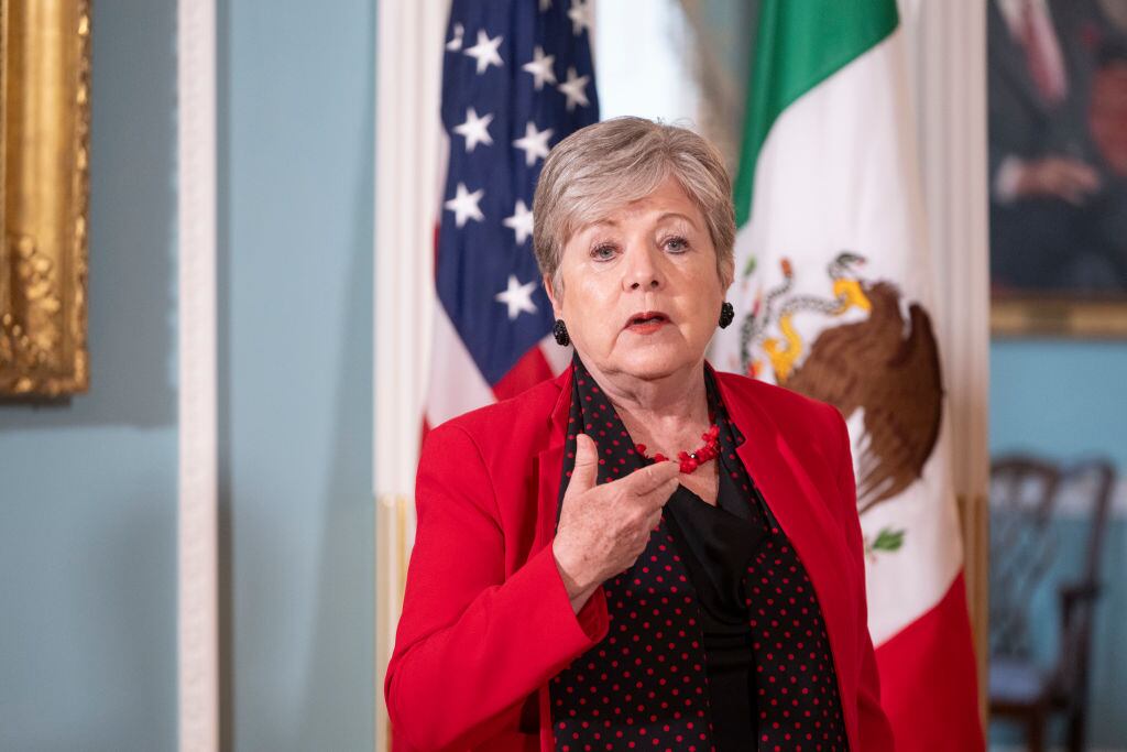 WASHINGTON, DC - JULY 17: Mexican Foreign Secretary Alicia Barcena speaks to the press as she stands next to the U.S. Secretary of State, Antony Blinken at the U.S. State Department in Washington, DC on July 17, 2024 in Washington, DC. Barcena will have meetings with senior U.S. officials to discuss bilateral topics such as migration, development cooperation and investment. Additionally, she will participate in the Americas Partnership for Economic Prosperity (APEP) Ministerial during her two day visit. (Photo by Roberto Schmidt/Getty Images)