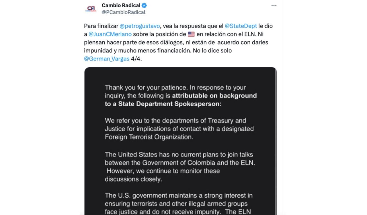 En este trino Cambio Radical afirma que Estados Unidos no participará en los diálogos de paz con el ELN