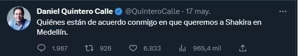 El alcalde de Medellín emocionó a los seguidores de Shakira con un trino