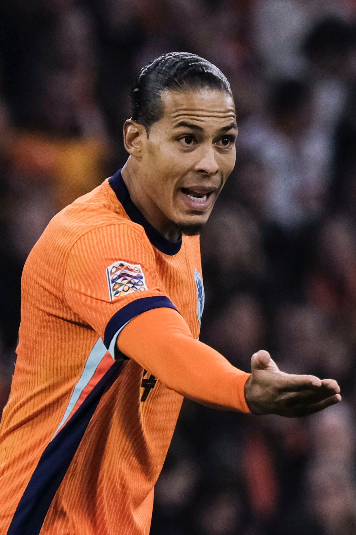 Virgil van Dijk of the Netherlands reacts during the UEFA Nations League soccer match between Netherlands and Hungary, at the Johan Cruyff ArenA, in Amsterdam, Netherlands, Saturday, Nov. 16, 2024. (AP Photo/Patrick Post)