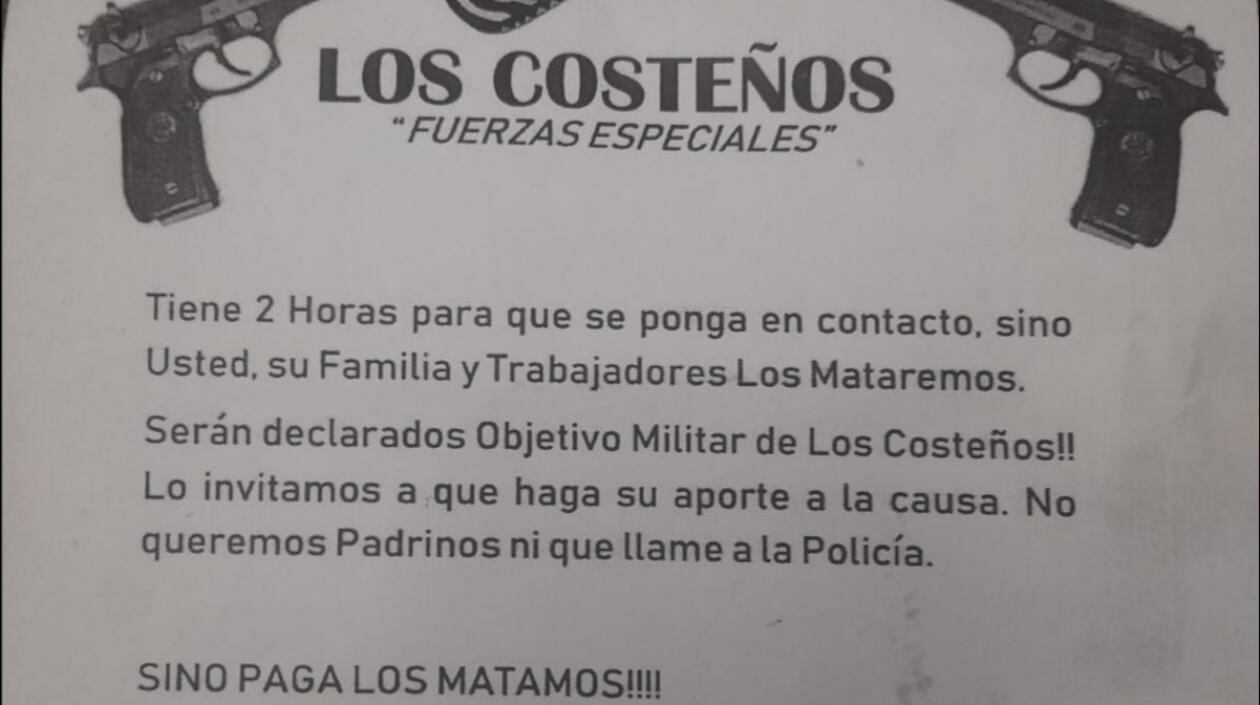 Este es el panfleto amenazante firmado por Los Costeños.