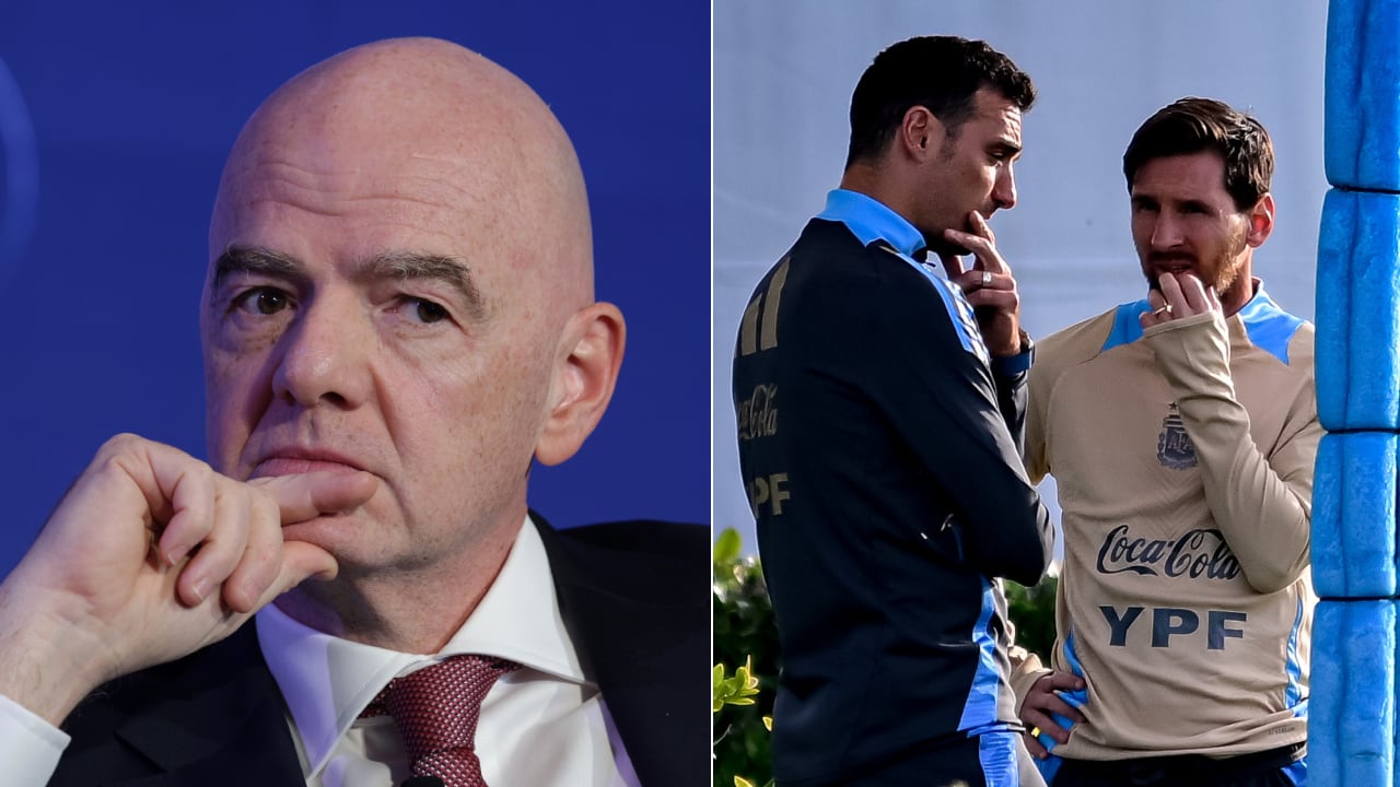 Gianni Infantino, presidente de la FIFA, y en la otra imagen Lionel Scaloni hablando con Leo Messi.