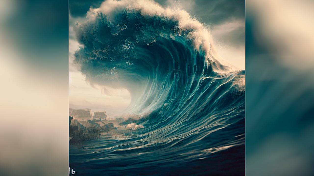 Ilustración de un maremoto que arrasaría con una pequeña población.