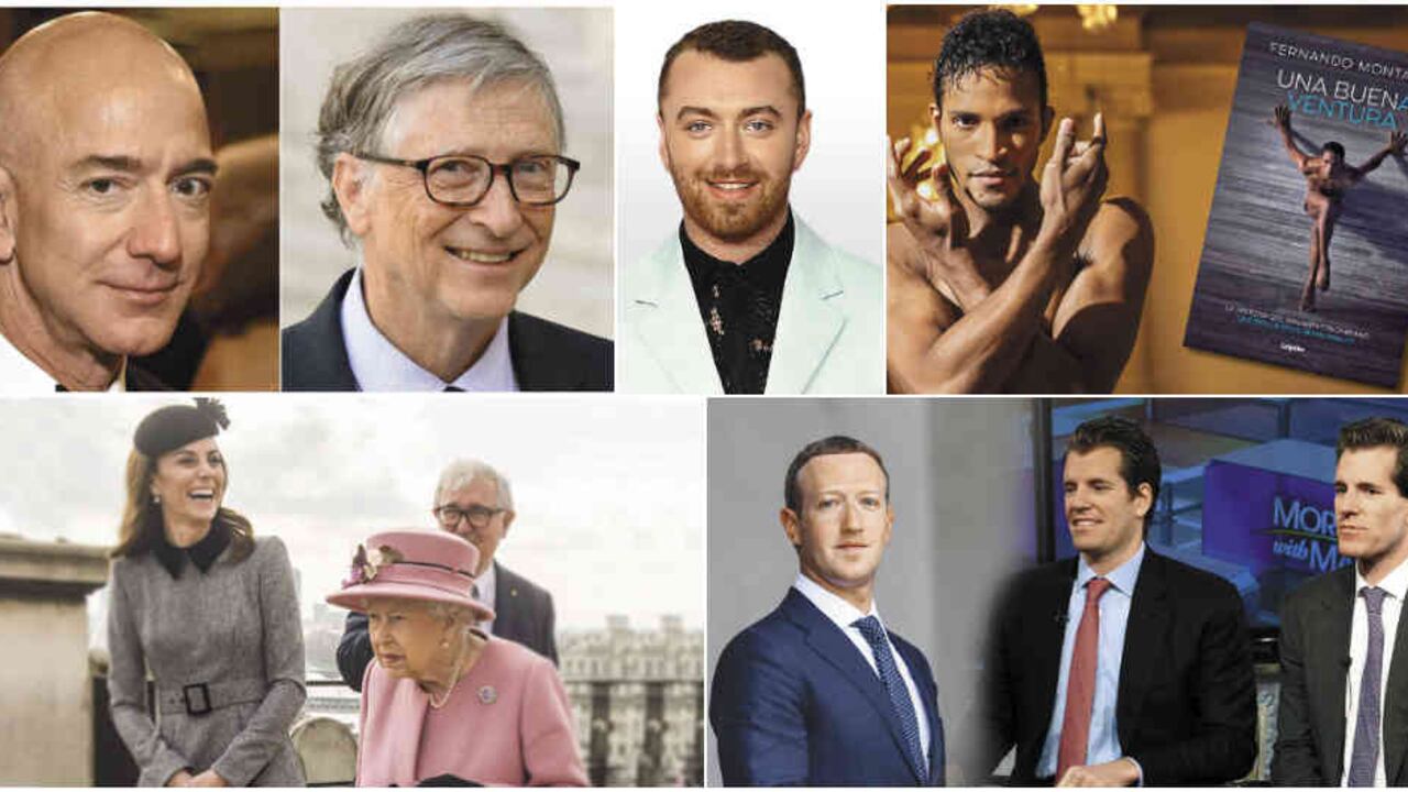 Jezz Bezos, Bill Gates, Sam Smith, Fernando Montaño, Kate Middleton, la reina Isabel II, Mark Suckerberg y los gemelos Winklevoss.
