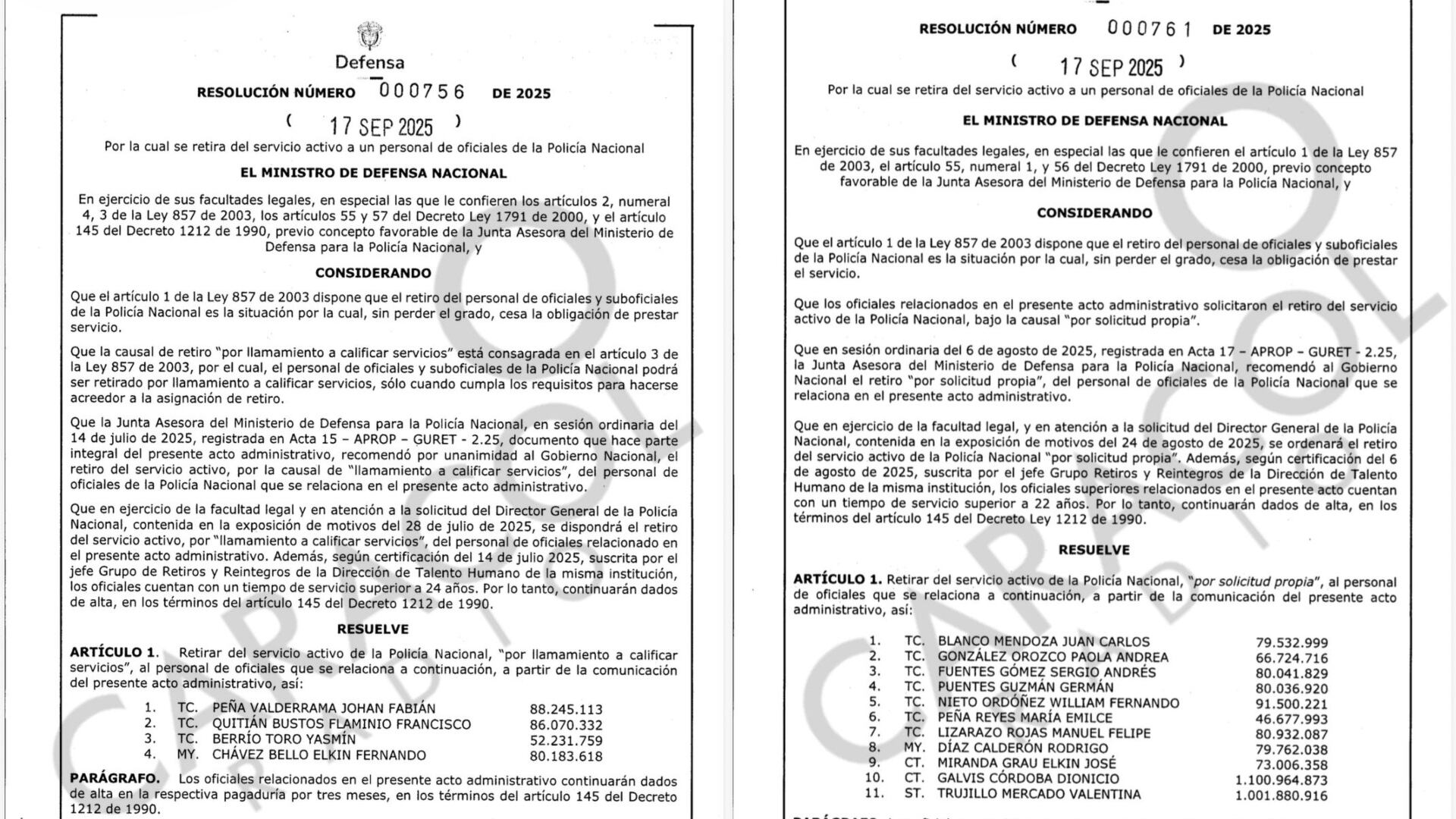 Las resoluciones de baja en la Policía Nacional fueron reveladas por Caracol Radio.