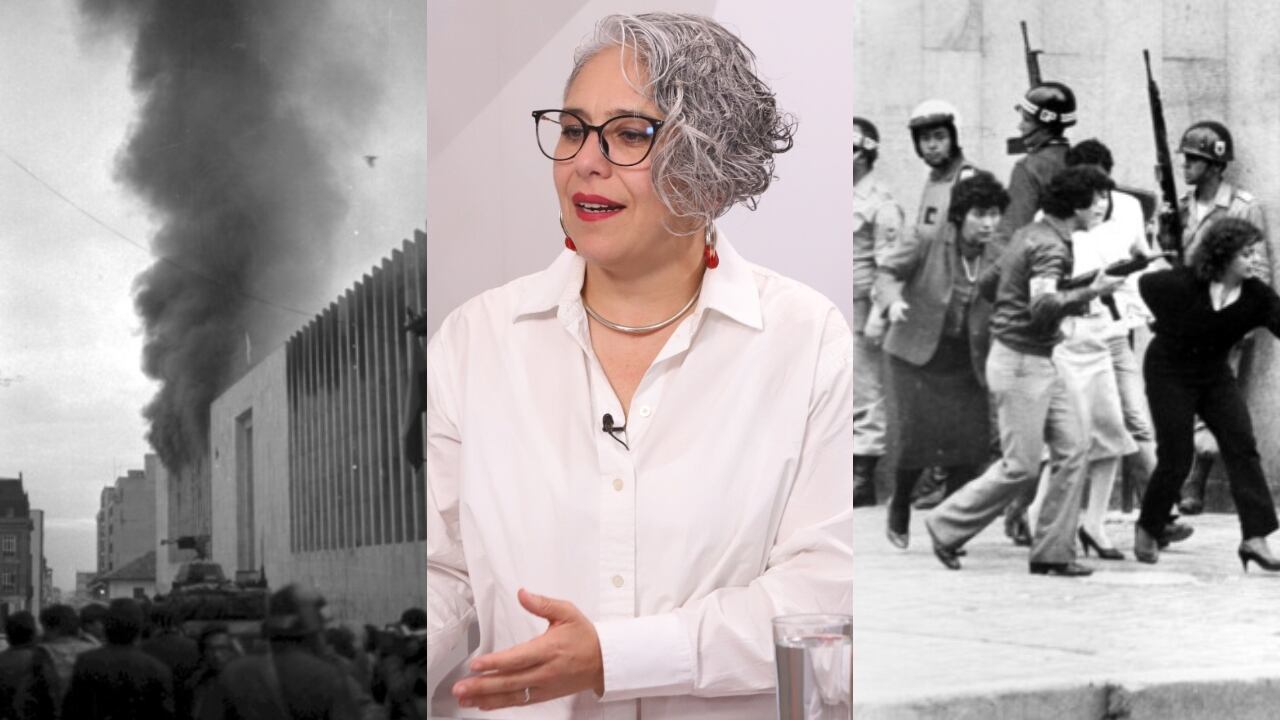 En el centro de la imagen la senadora María José Pizarro y a los costados la toma y retoma al Palacio de Justicia.