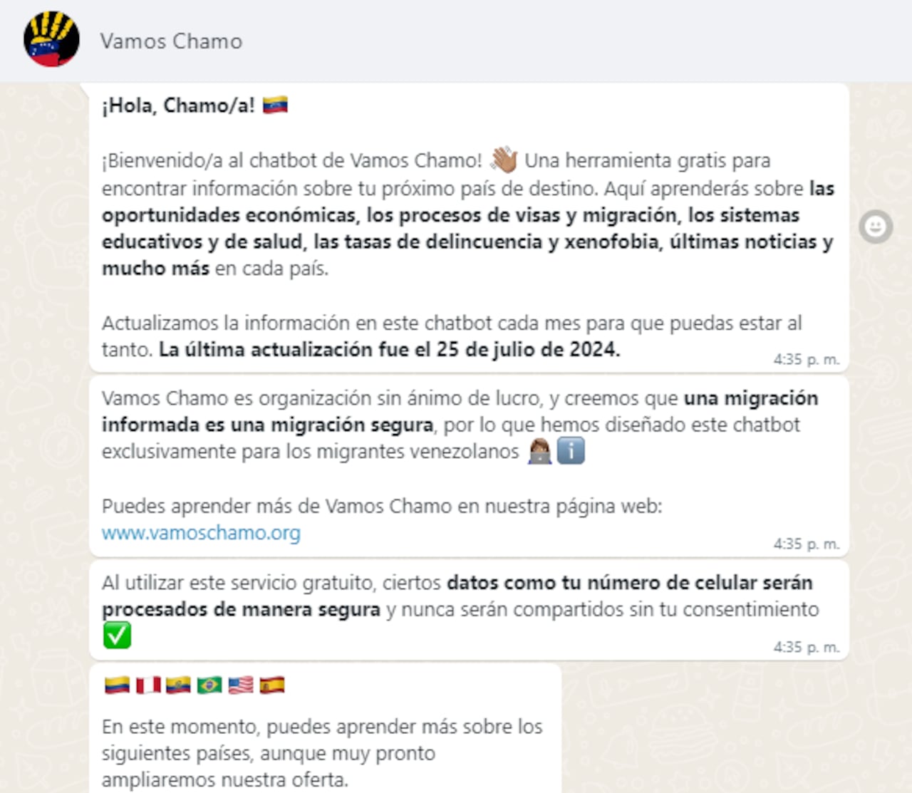 "¡Vamos Chamo!" ha sido diseñado para asistir a los migrantes venezolanos en su travesía, proporcionando datos sobre oportunidades laborales, sistemas de salud y educación en los países de acogida mediante un sencillo chatbot de WhatsApp.