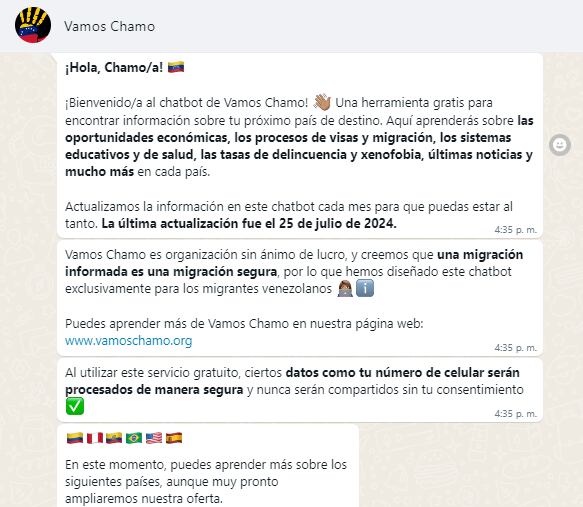 "¡Vamos Chamo!" ha sido diseñado para asistir a los migrantes venezolanos en su travesía, proporcionando datos sobre oportunidades laborales, sistemas de salud y educación en los países de acogida mediante un sencillo chatbot de WhatsApp.
