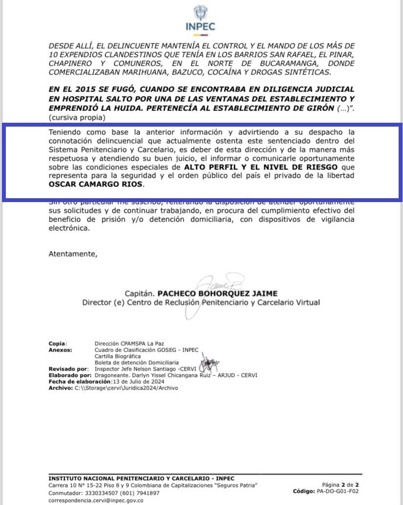 El Inpec ya había advertido sobre el riesgo de fuga de alias Pichi.