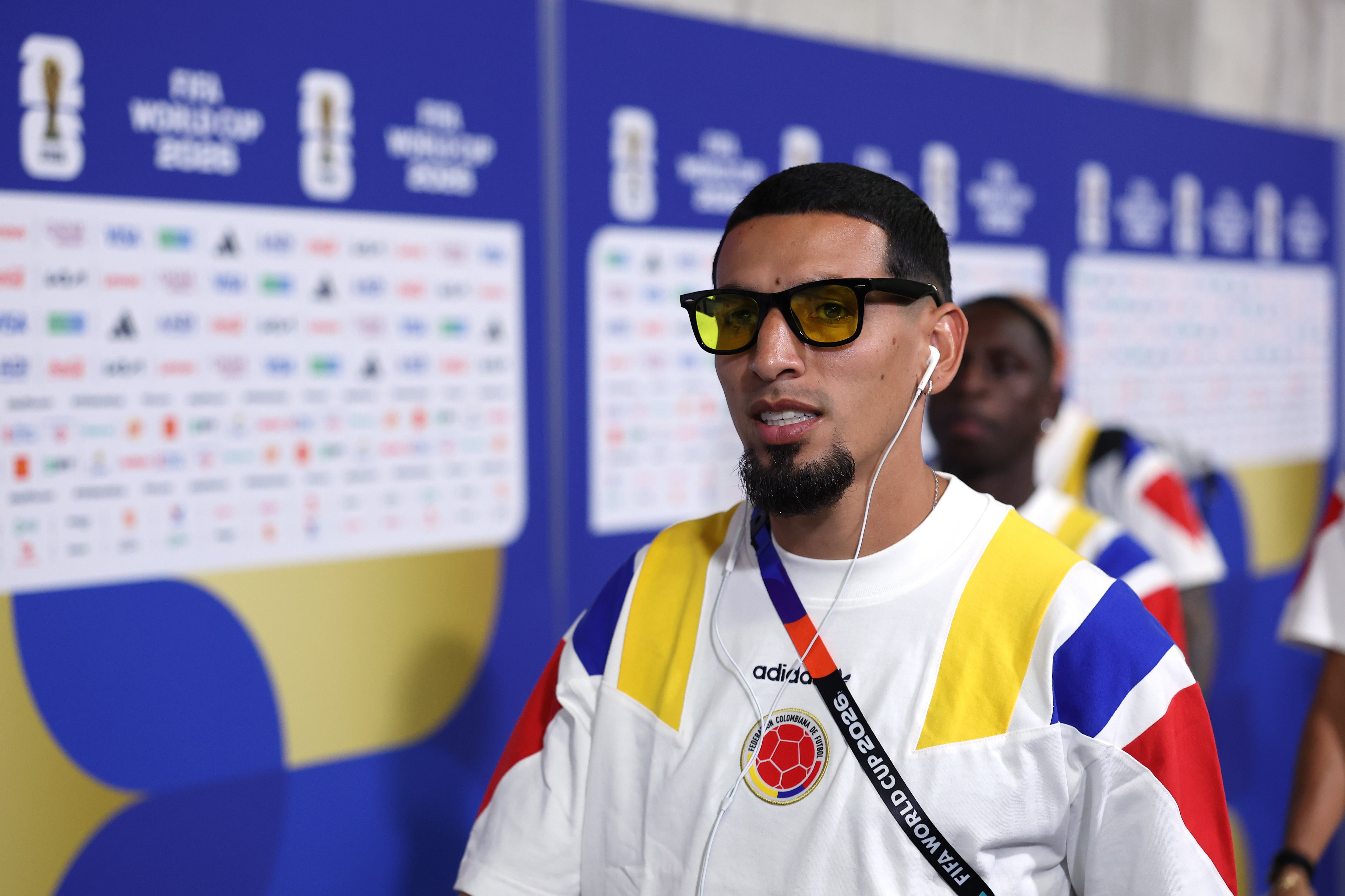 KANSAS CITY, MISSOURI - JULY 03: Daniel Munoz #2 of Colombia arrives before the FIFA World Cup 2026 Round of 32 match between Colombia and Ghana at Kansas City Stadium on July 03, 2026 in Kansas City, Missouri. (Photo by Luke Hales/Getty Images)