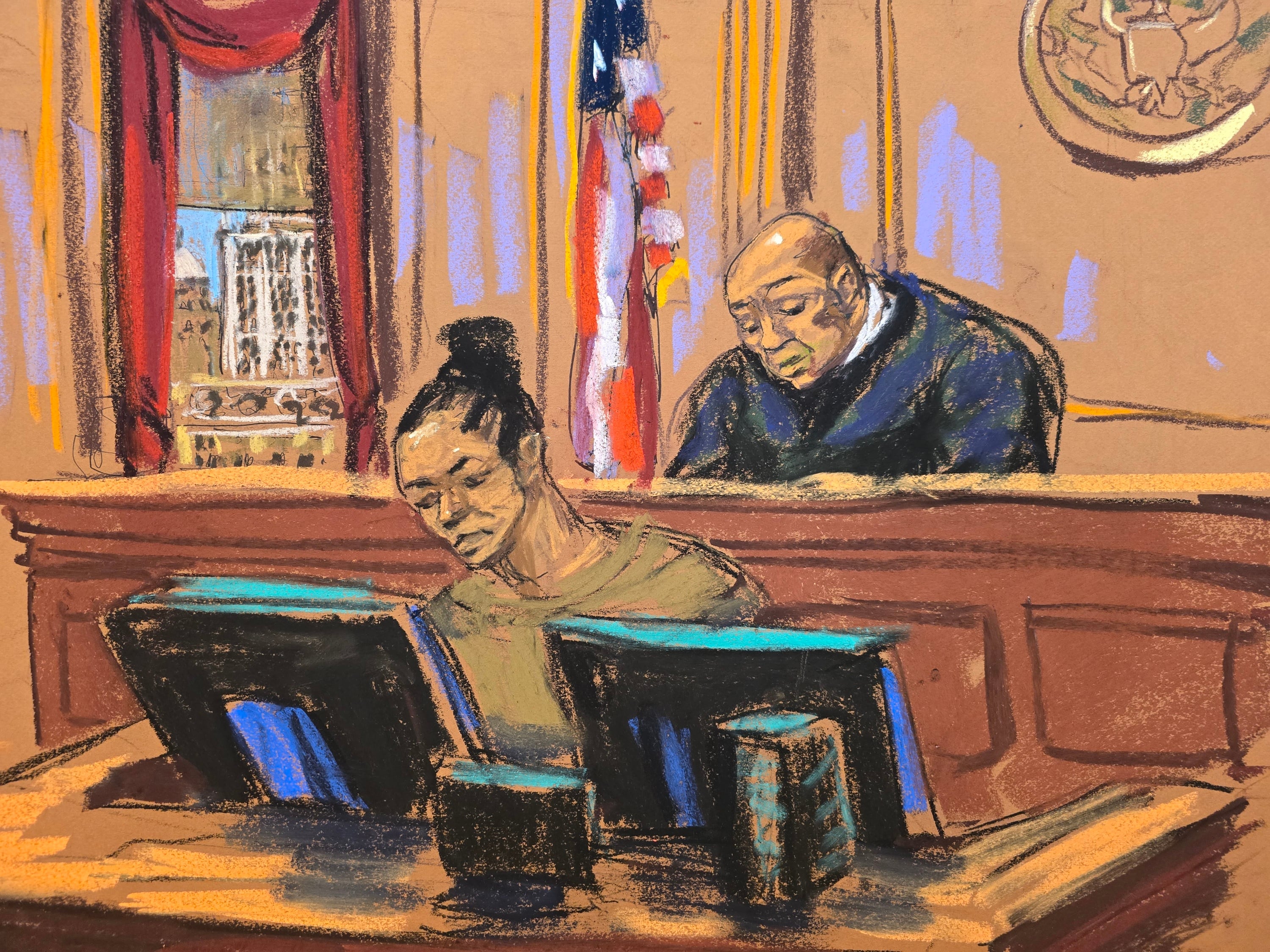 En este dibujo de la sala del tribunal, el juez Alvin K. Hellerstein, a la derecha, preside la audiencia.